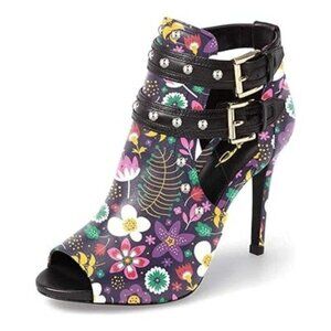XYD Cartoon Flower Ankle Bootie High Heels Buckled Double Straps Cutout Shoes